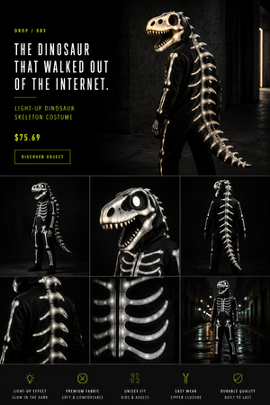 Dinosaur Skeleton Costume – Light-Up Halloween Bodysuit for Kids & Adults