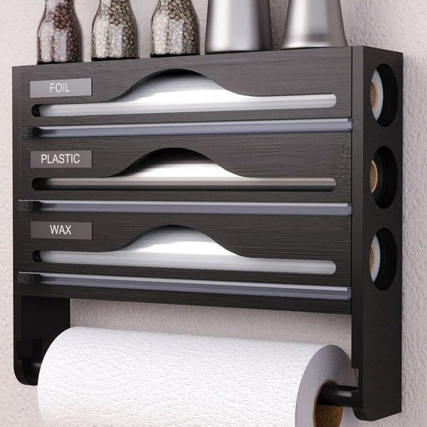 "3-in-1 Kitchen Wrap Organizer – Plastic Wrap, Foil & Wax Paper Dispenser with Cutter"