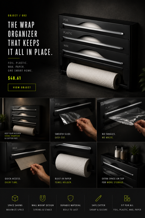 "3-in-1 Kitchen Wrap Organizer – Plastic Wrap, Foil & Wax Paper Dispenser with Cutter"